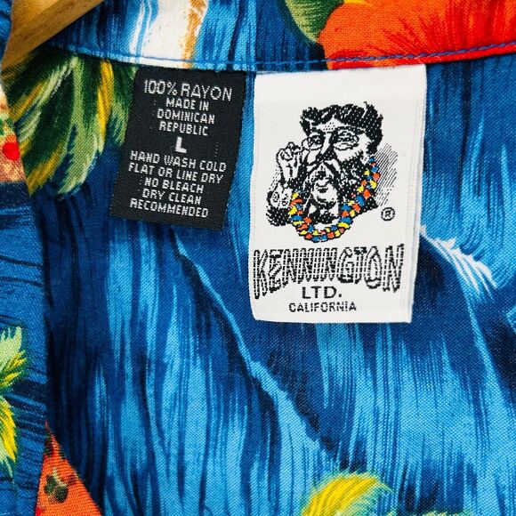 90s Kennington LTD Blue Orange Floral Hawaiian Tropical Short Sleeve Button Down - Picture 7 of 7